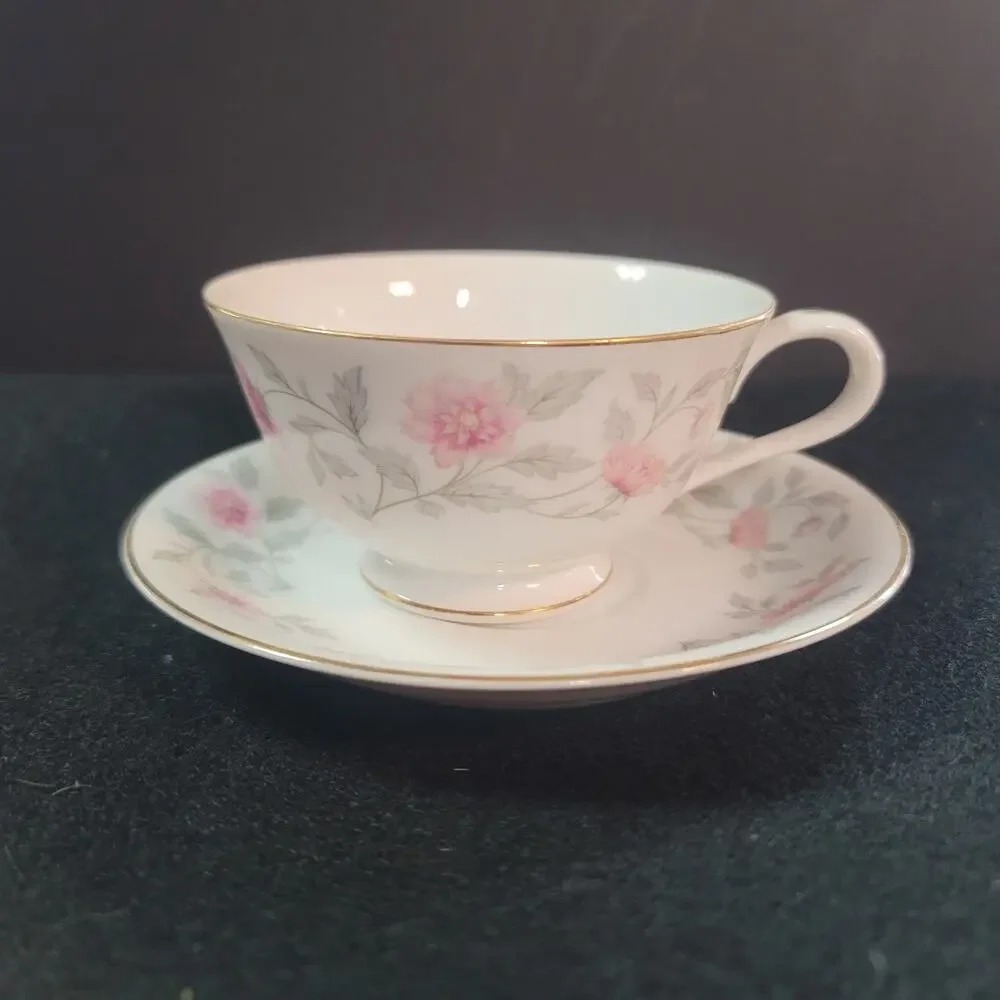Footed Cup & Saucer Set Shalimar by Valmont China Pink Flowers Gray Stems SHABBY
